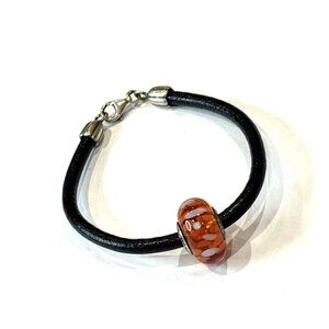 PANDORA BLACK LEATHER CORD ORANGE BLOSSOM MURANO ART GLASS ALE BEAD BRACELET EU